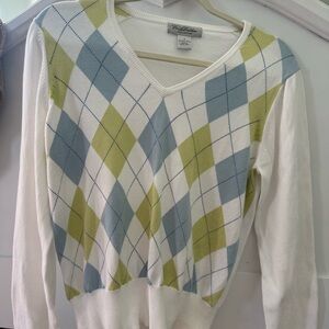 V-Neck Argyle Sweater - Blue, Green, and White